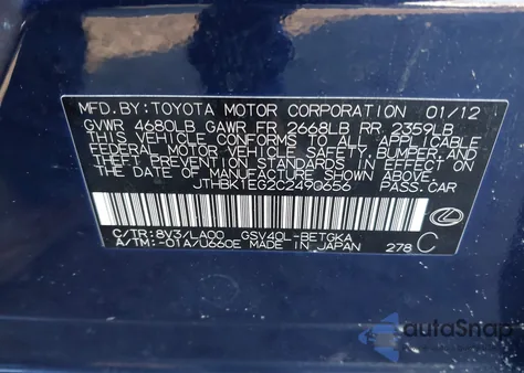 2012 Lexus Es 350 from USA, damaged, VIN JTHBK1EG2C2490656